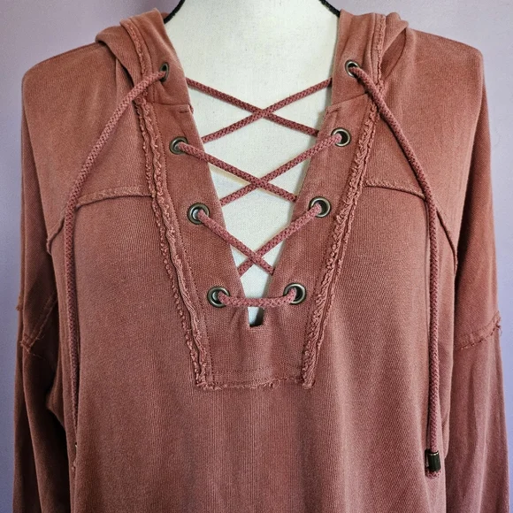 Lace-Up Hooded Pullover Top - Rust - Picture 3 of 14